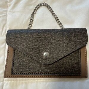 Guest Brown logo envelope wallet w/ silver chain strap.